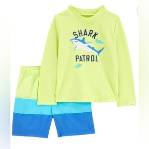 Carter's Boys 2 Piece Swim Set Rash Guard Trunk Shorts Shark Patrol NWT